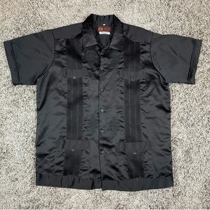Vintage Guayabera Yucatecas Shirt Mens Extra Large XL Black Silk Satin Mexico